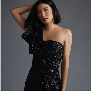 Anthropologie Dress Let Me Be One Shoulder Mini Dress Sequin Black Sz XL NEW
